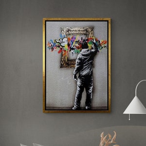 Banksy Graffiti Framed Canvas, Street Graffiti Wall Art, Banksy Canvas, Banksy Graffiti Wall Art, Banksy Frame Graffiti Silver Framed Canvas