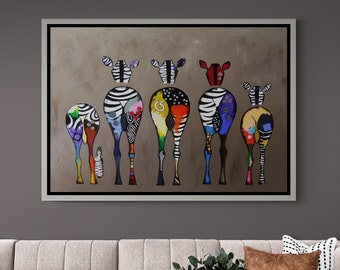 Banksy Zebra gerahmte Leinwand, Zebra Wandkunst, Bunte Tiere Leinwand, Banksy Zeitgenössische Kunst, Banksy Stil Zebra, Leinwand mit Silberrahmen