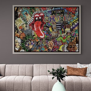 Banksy Mixed Graffiti Wall Art, Banksy Lips Graffiti Framed Canvas, Street Graffiti Art, Graffiti Wall Art, Banksy, Silver Framed Canvas