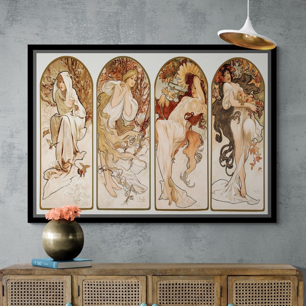 Alphonse Mucha Leinwand, Die Jahreszeiten Wandkunst, berühmte Wandkunst, Blumen Leinwand, Blumenkunst, Mucha Wandkunst, große Leinwand, schwarz gerahmte Leinwand