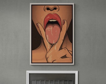 Sexy Woman Pop Art, Seductive Woman Framed Canvas, Woman Sticking Tongue Wall Art, Sexy Lips Rolled Canvas, Wet Woman, Gold Framed Canvas