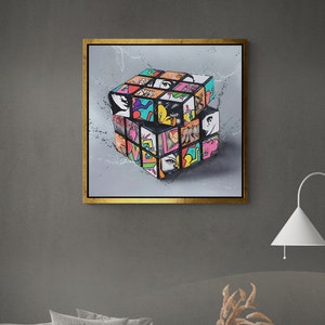 Banksy Cartoon Framed Canvas, Rubik&#39;s Cube Graffiti Wall Art, Banksy Rubik&#39;s Cube Canvas, Banksy Cube Street Art, Banksy White Framed Canvas