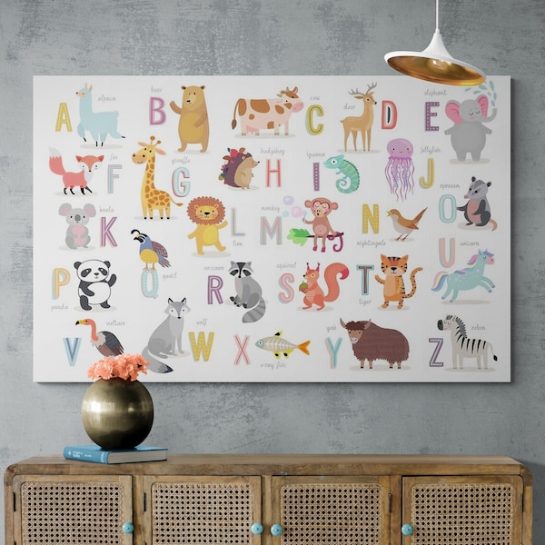 Animal Alphabet Canvas, Kids Room Wall Art, Cartoon Framed Canvas, Playroom Wall Art, Nursery Canvas Art, Baby Alphabet, White Framed Canvas