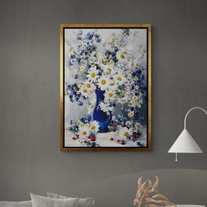 Daisies Drawing Effects Wall Art, White Flower Framed Canvas, Daisy Canvas, First Spring Flower Wall Art, Daisy Canvas, Gold Framed Canvas