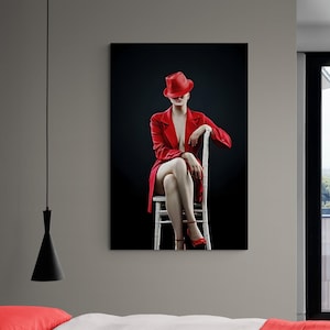 Sensual Woman Framed Canvas, Red Jacket Wall Art, Sexy Pose Canvas, Sexy Woman Wall Art, Woman Leg Canvas, Sexy Woman Gold Framed Canvas