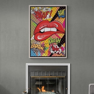 BOOM Pop Art, Comic Style Pop Art, BAM Pop Art, Pop Art Wall Art, Lips Pop Art Canvas, Colorful Pop Art Framed Canvas, Silver Framed Canvas