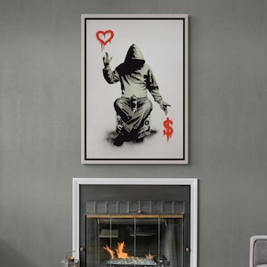 BANKSY Love or Money Graffiti Wall Art, Banksy Boy Framed Canvas, Love or Money Canvas, Street Graffiti Art, Graffiti White Framed Canvas
