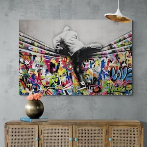 Banksy Jumping Man Graffiti Canvas Art, Framed Wall Decor