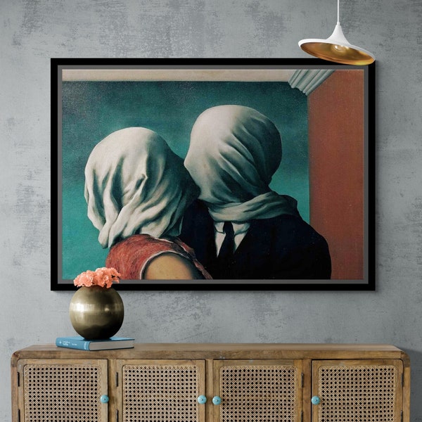 Rene Magritte The Lovers Canvas, Couple Kiss Wall Art, Romantic Canvas Art, 1928 by Rene Magritte, Famous Wall Art, Black Framed Canvas