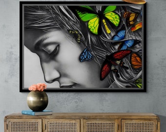 Woman Wall Art, Butterflies Canvas, Butterfly Woman, Woman Framed Canvas, Animal Wall Art, Large Wall Art, Black Framed Canvas, Abstract Art