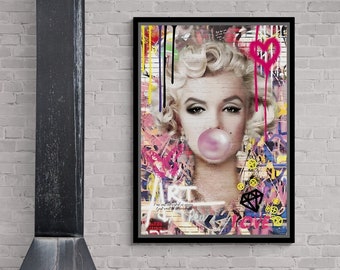 Marilyn Monroe Wall Art, Monroe Pink Bubble Gum Framed Canvas, Beautiful Woman Graffiti Canvas, Marilyn Monroe Wall Art, White Framed Canvas