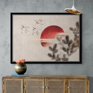 Birds and Sunset Wall Art, Katsushika Hokusai Canvas, Sunset Wall Art, Birds Canvas, Hokusai Wall Art, Animal Wall Art, White Framed Canvas