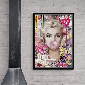 Marilyn Monroe Wall Art, Monroe Pink Bubble Gum Framed Canvas, Beautiful Woman Graffiti Canvas, Marilyn Monroe Wall Art, White Framed Canvas