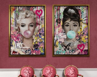 Audrey Hepburn Wall Art, Marilyn Monroe Framed Canvas, Pink Bubble Gum Canvas, Set of 2 Actress Wall Art, Bubble Gum Gold Framed Canvas