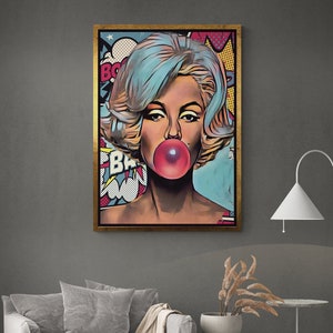 Marilyn Monroe Graffiti Wall Art, Marilyn Monroe Bubble Gum Framed Canvas, Marilyn Monroe Pop Art Wall Art, Graffiti, White Framed Canvas