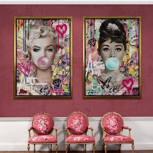 Audrey Hepburn Wall Art, Marilyn Monroe Framed Canvas, Pink Bubble Gum Canvas, Set of 2 Actress Wall Art, Bubble Gum Gold Framed Canvas