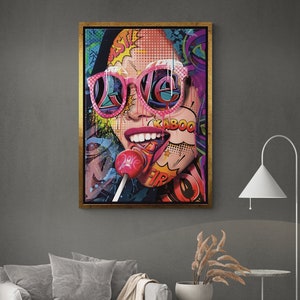 Licking Woman Framed Canvas, Licking Lollipop Pop Art, Smiling Sexy Woman Wall Art, Summer Style Woman Pop Art, Silver Framed Canvas