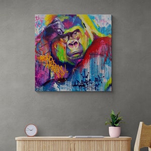 Gorilla Graffiti Canvas, Gorilla Wall Art, Animal Framed Canvas, Monkey Canvas, Colorful Gorilla Wall Art, Colorful Art, Black Framed Canvas