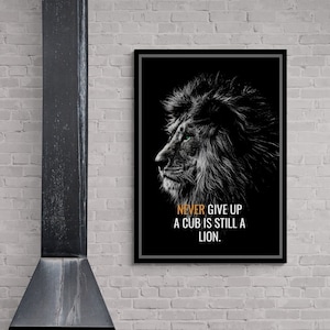 Lion Framed Canvas, Wild Animal Wall Art, Motivational Canvas, Never Give Up Wall Art, Inspirational Canvas Artwork, White Framed Canvas