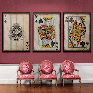 cartes de poker vintage toile encadrée, art mural de cartes de poker, toile de roi, art de mur de reine, art de mur de salle de jeux, toile encadrée blanche moderne