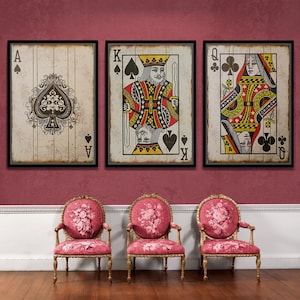 Vintage Poker Cards Framed Canvas, Poker Cards Wall Art, King Canvas, Queen Wall Art, Play Room Wall Art, Modern White Framed Canvas