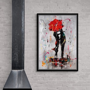 Lovers Abstract Wall Art, Couple Love Framed Canvas, Oil Painting Effect Canvas, Valentine&#39;s Artwork, Kissing Couples Gold Framed Canvas