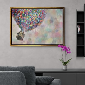 Up Pixar Framed Canvas, Up Pixar Wall Art, Canvas for Kids Room, Up Movie Wall Art, Colorful Balloons Rolled Canvas, White Framed Canvas