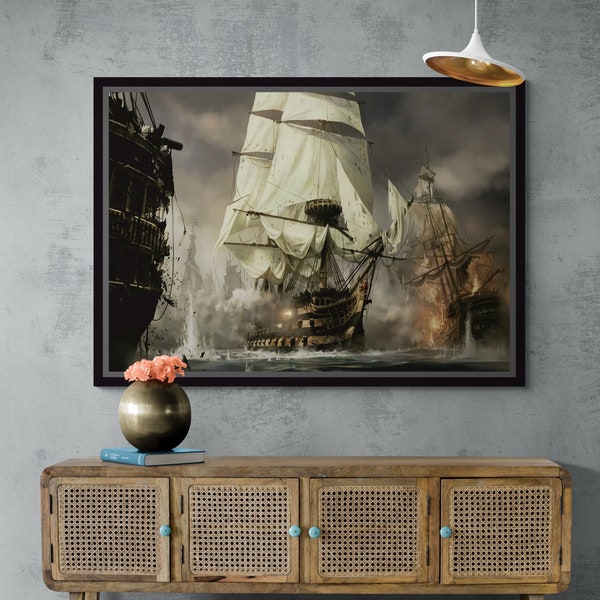 Ship Wars Wandkunst, Piratenschiff gerahmte Leinwand, Sea War Rolled Leinwand, Segelschiffe Wandkunst, Bootfahren Leinwand, Schiff, weiße gerahmte Leinwand