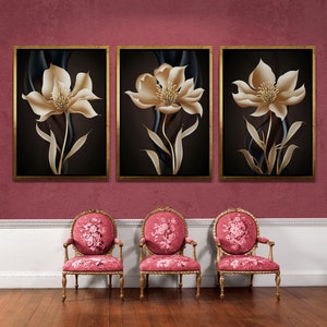 Golden Flowers Wall Art, Set of 3 Framed Canvas, Abstract Flowers Wall Art, Gold Pattern Canvas, Luxury Modern Canvas, Silver Framed Canvas
