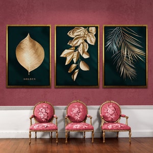 3 Piece Gold Leaf Wall Art, Modern Leaves Framed Canvas, Gold Leaf Wall Art, Scandinavian Art, Nordic Canvas, Plants Silver Framed Canvas