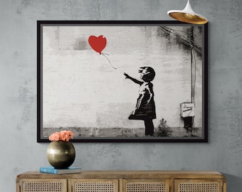 BANKSY Girl with Red Heart Balloon Framed Canvas, Banksy Heart Balloon Graffiti Wall Art, Banksy Girl Graffiti Canvas, Black Framed Canvas