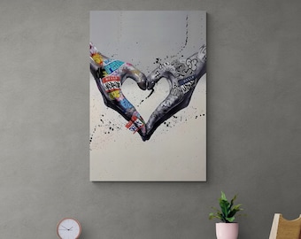 BANKSY Couple Heart Hands Graffiti Art, Banksy Love Graffiti Framed Canvas, Couple Graffiti Wall Art, Gift for Lover, Black Framed Canvas