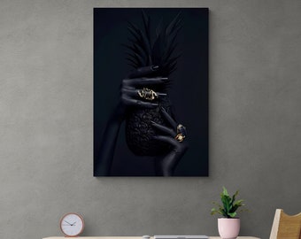 Black Woman Hand Framed Canvas, Black Pineapple Wall Art, Dark Photo Canvas, African Woman Hand Wall Art, Black Canvas, White Framed Canvas