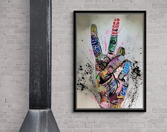 Banksy Graffiti Framed Canvas, Graffiti Victory Sign Wall Art, Hand Gesture Canvas, Banksy Wall Art, Banksy Graffiti White Framed Canvas