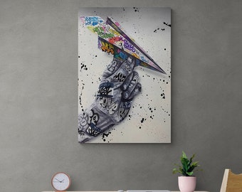 Banksy Graffiti Paper Plane Framed Canvas, Banksy Quote Wall Art, Graffiti Paper Plane Canvas, Graffiti Paper Plane Black Framed Canvas