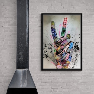 Banksy Graffiti Framed Canvas, Graffiti Victory Sign Wall Art, Hand Gesture Canvas, Banksy Wall Art, Banksy Graffiti White Framed Canvas