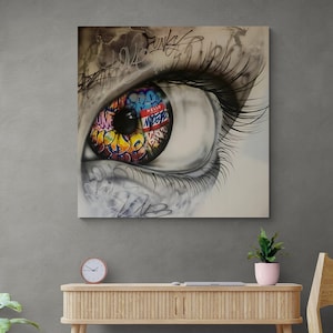 Banksy Framed Canvas, Colored Eyes Wall Art, Graffiti Art, Banksy Colorful Graffiti, Woman Eye Wall Art, Banksy Quate Gold Framed Canvas