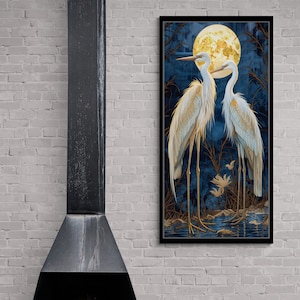 Cranes Bird Canvas, Animal Wall Art, Bird Canvas, Large Wall Art, Moon Wall Art, Nature Canvas, Two Cranes Wall Art, White Framed Canvas