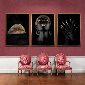 Black Woman Gold Glitter Canvas Print Set, African American Art