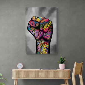 BANKSY Fist Graffiti Wall Art, Hand Graffiti Framed Canvas, Street Graffiti Framed Canvas, Modern Graffiti Art, Banksy Black Framed Canvas