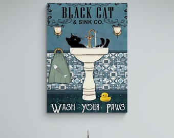 Lustige Wandkunst der schwarzen Katze, Waschen Sie Ihre Pfoten gerahmte Leinwand, Waschbecken-Wandkunst, Katzenreinigungskunst, Badezimmer-Leinwand, Katzenwandkunst, gerahmte Leinwand mit Goldrahmen