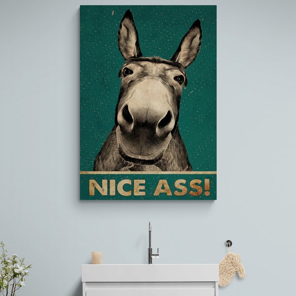 Nice Ass Donkey Wall Art, Donkey Bathroom Framed Canvas, Funny Donkey Toilet Canvas, Nice Ass Wall Art, Humorous Donkey Silver Framed Canvas
