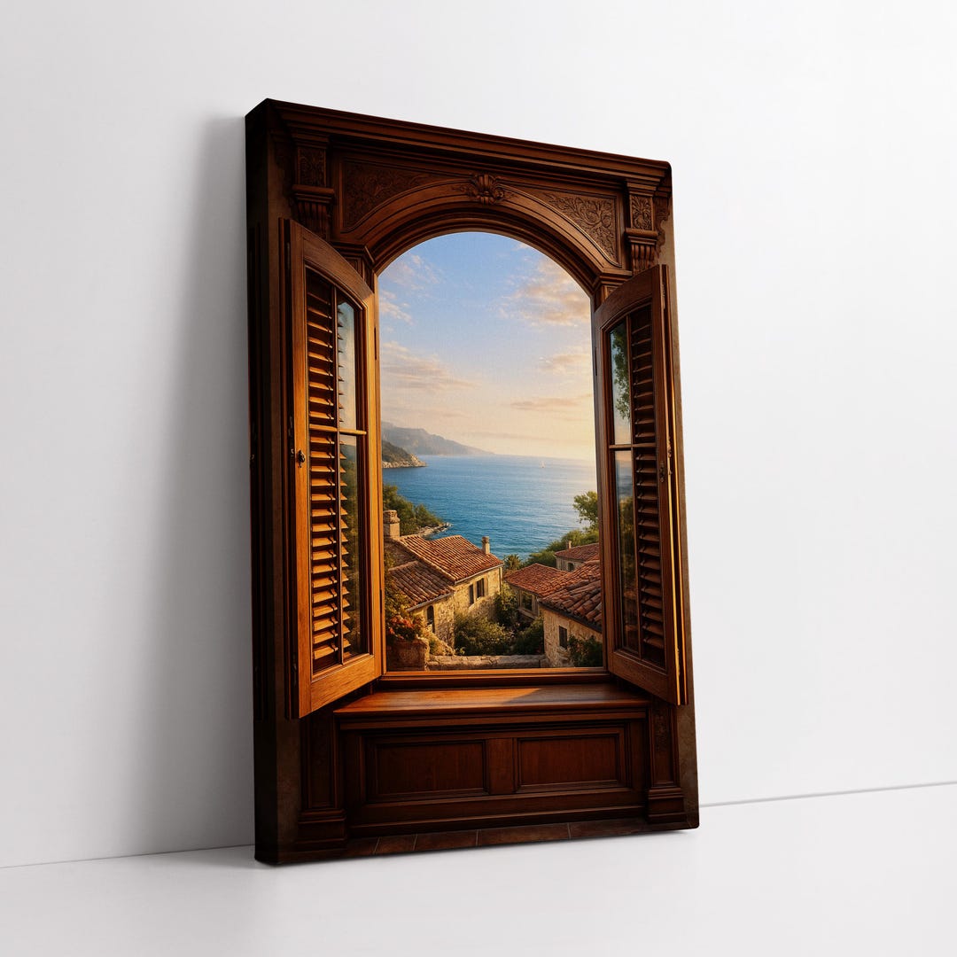 Open Window Sea View Canvas Wall Art – Mediterranean Coastal Village ...
