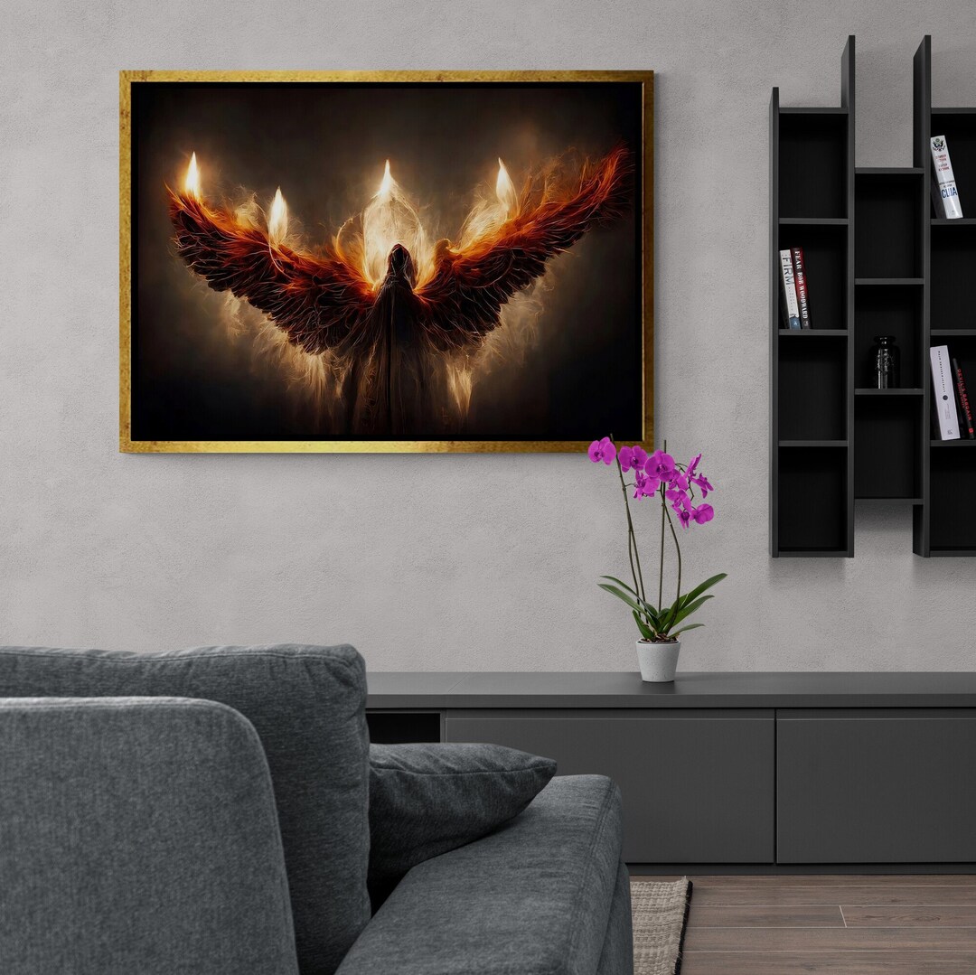 Lucifer With Glowing Fire Wings, Fallen Angel of Death Canvas, Demon in