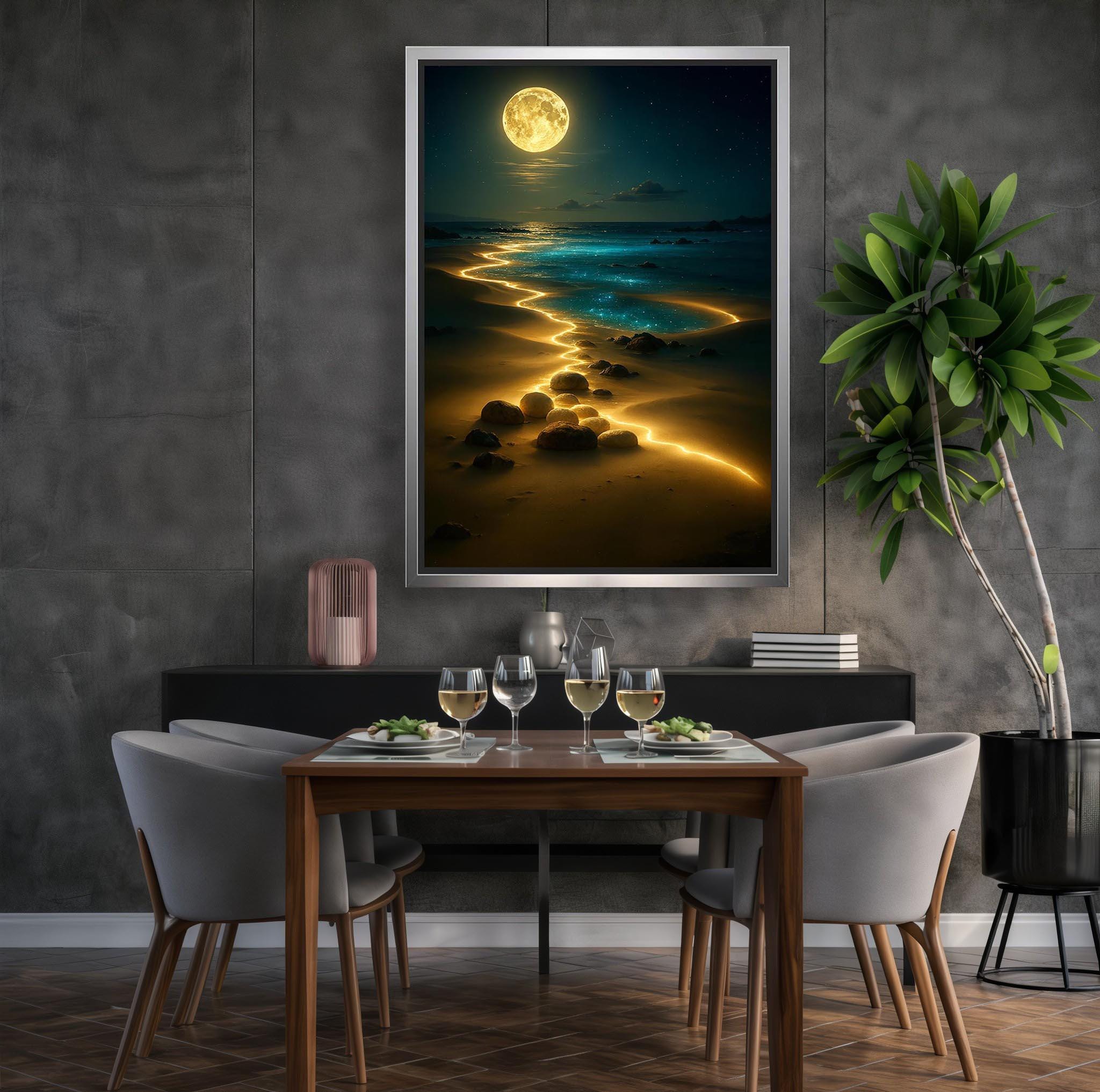 Full Moon Night Beach Canvas Wall Art – Surreal Glowing Golden Path ...