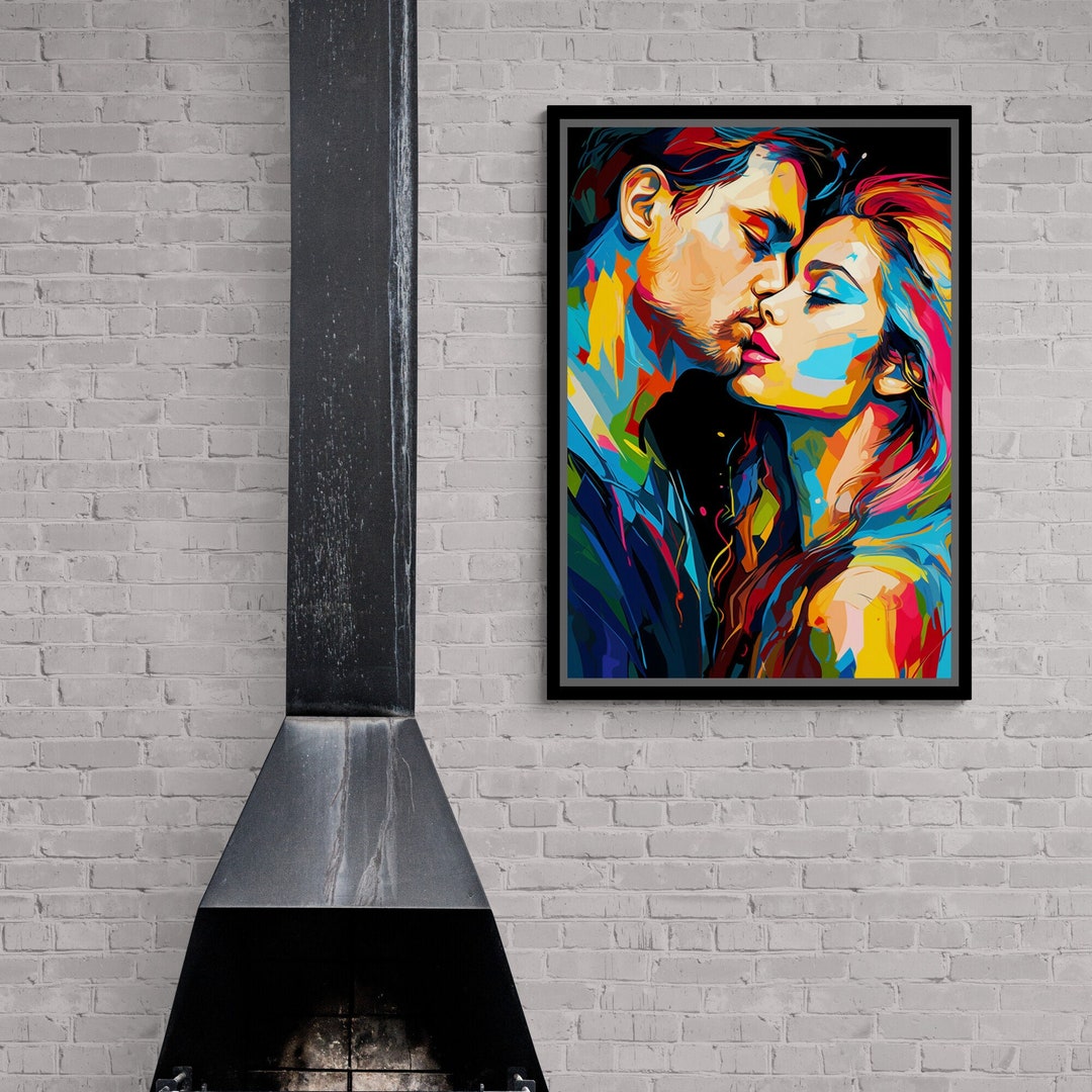 Abstract Kissing Wall Art, Romantic Couple Canvas, Colorful Canvas