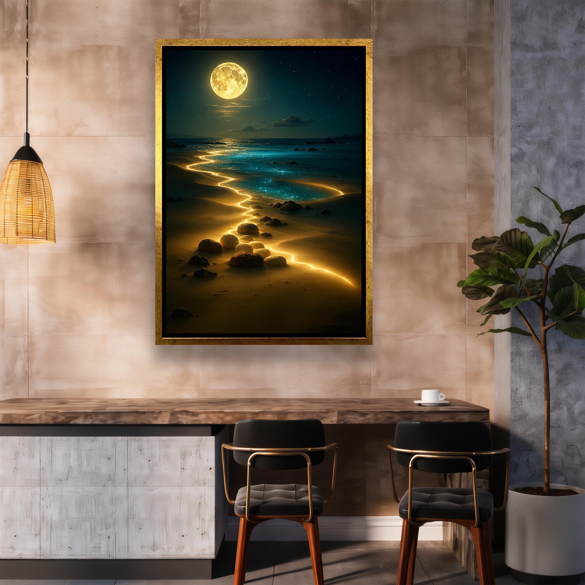 Full Moon Night Beach Canvas Wall Art – Surreal Glowing Golden Path ...
