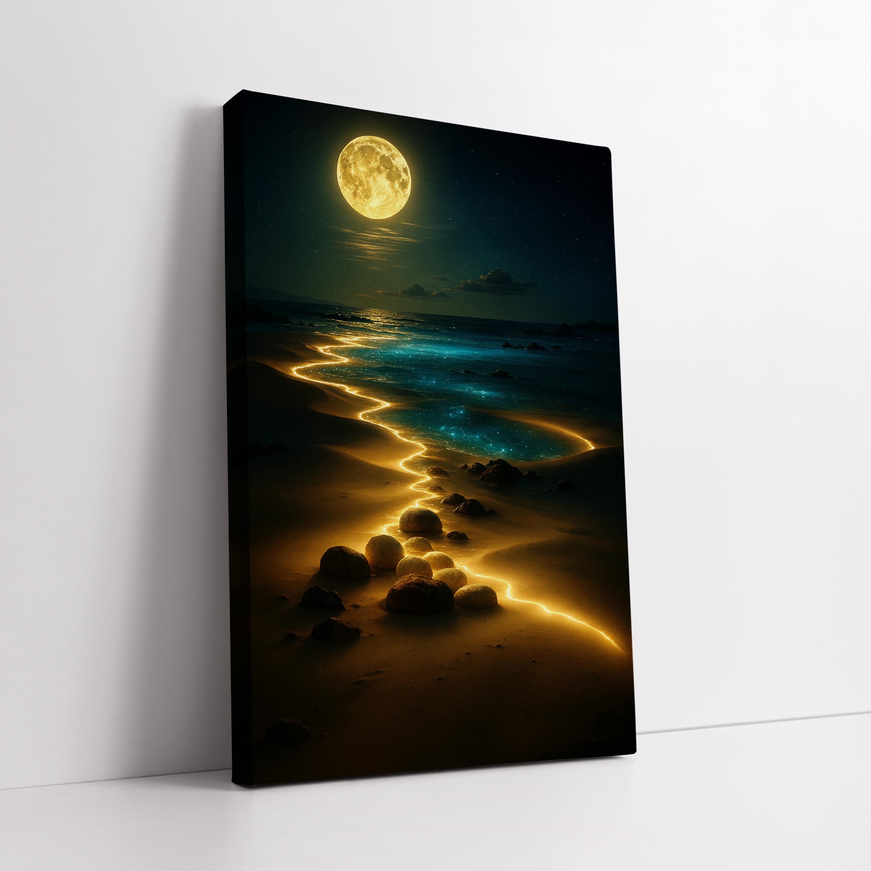 Full Moon Night Beach Canvas Wall Art – Surreal Glowing Golden Path ...