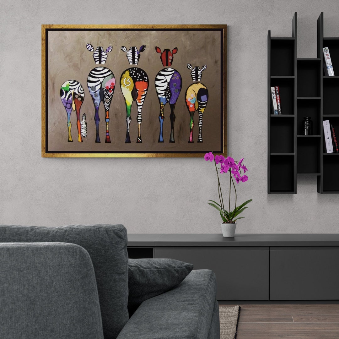 BANKSY Zebra Family Graffiti Canvas, Colorful Zebras Framed Canvas