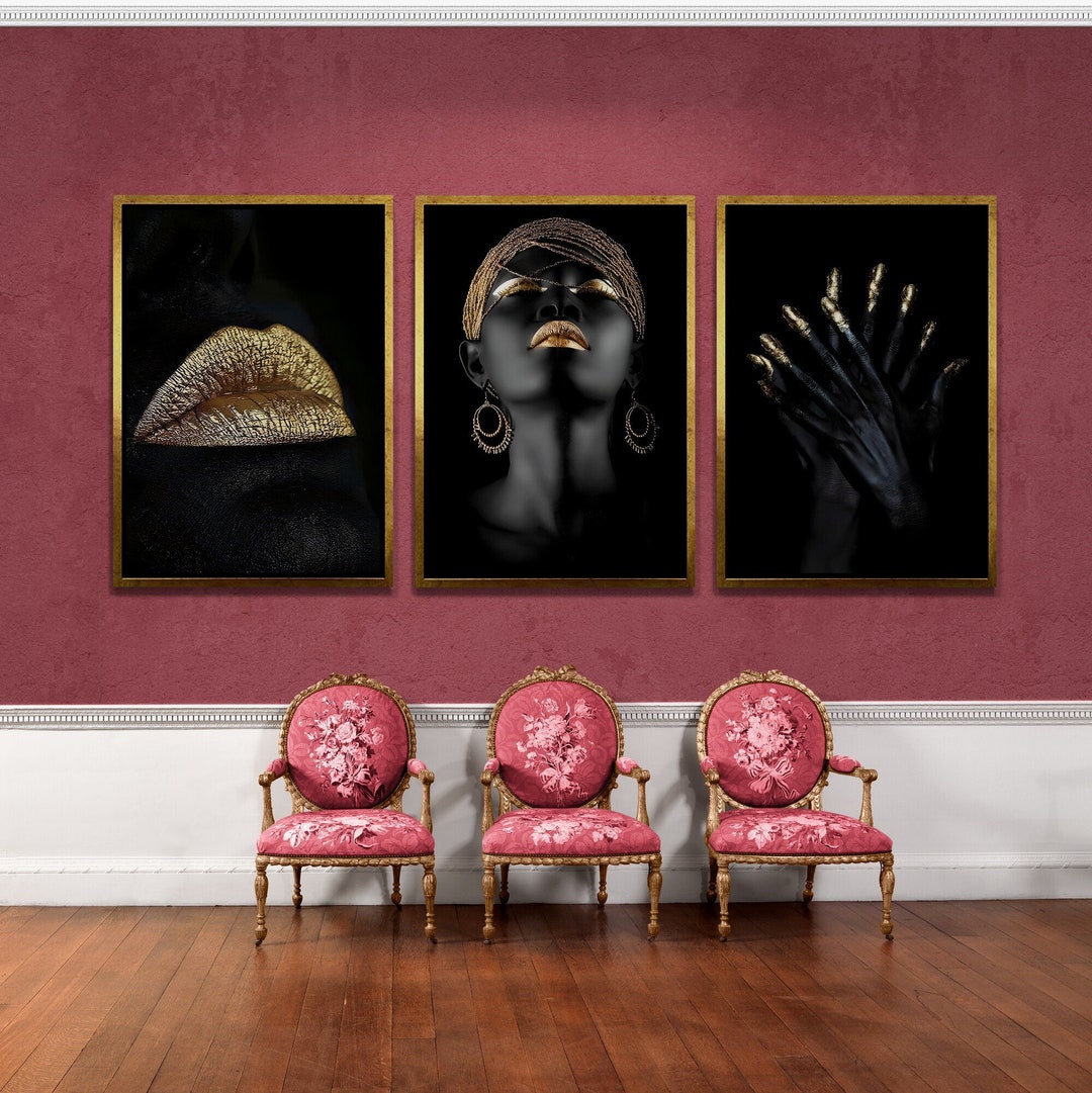 Black Woman Set of 3 Wall Art, Gold Glitter African Woman Framed Canvas ...